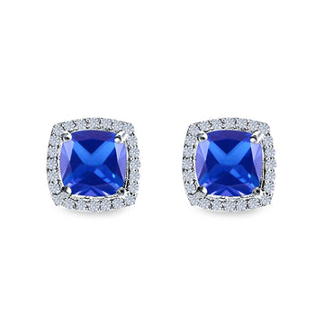 Cushion Cut Stud Earrings Simulated Tanzanite CZ 925 Sterling Silver